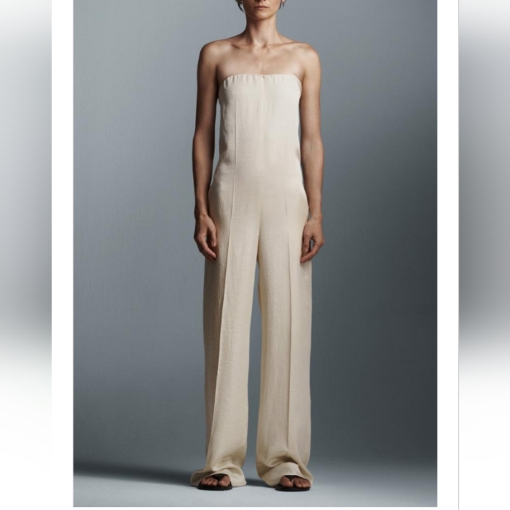 Zara Zw Collection Elegant Cream Wide Strapless Jumpsuit With Bra Sz-XL